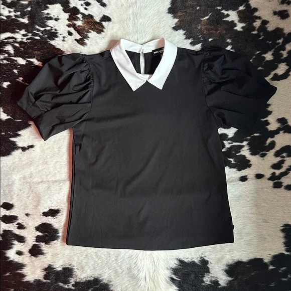 NWT Karl Lagerfeld Black Top with White Collar and Pearl Button Accents - Picture 10 of 10